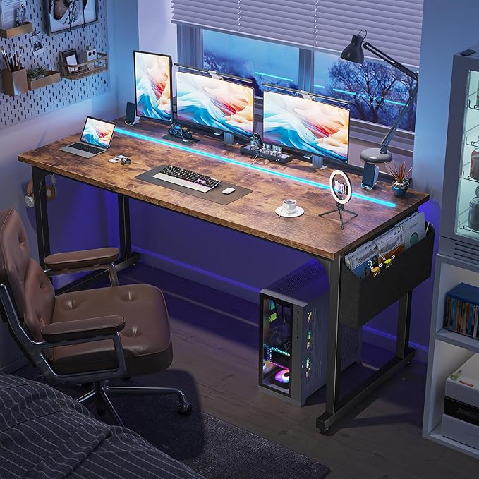 63 Inch Computer Desk with LED Lights, Office Desk for Home Office, Study Desk Writing Table with Storage Bag, Headphone Hook, Rustic Brown