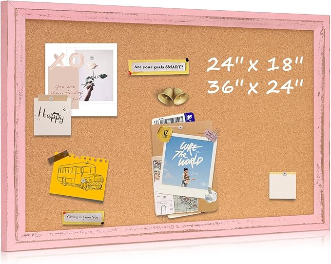 Cork Bulletin Board, 36" x 24" Corkboard for Wall, Pink Wooden Frame, Hanging Pin Board Tack Board for Home Office Decor, 10 Push Pins