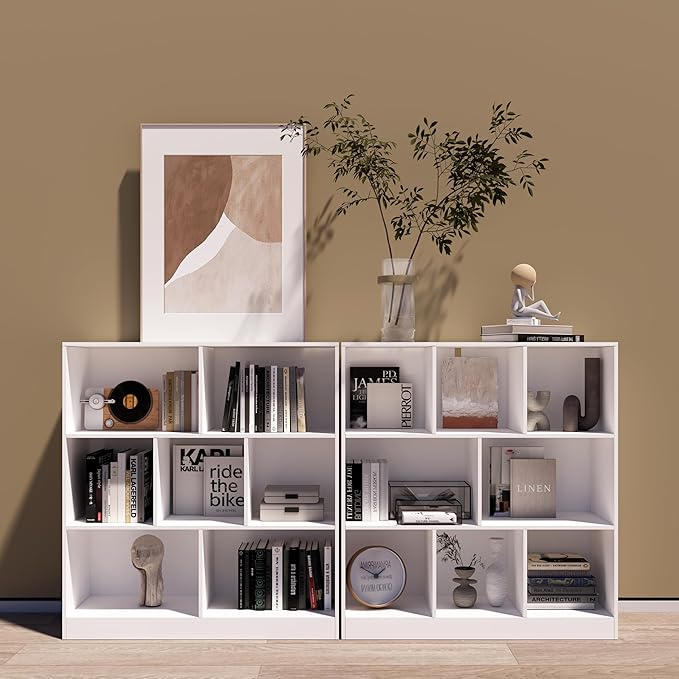 7-Cube Wooden Bookshelf with Base,3-Tier Freestanding Open Storage Organizer,Multi-Functional Bookcase for Living Room,Bedroom,Study and Office (White, 7-Cube)