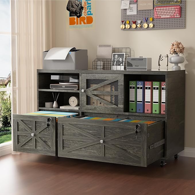 Semoic 2 Drawer Farmhouse File Cabinet with Lock, Mobile Lateral Filing Cabinet for Letter/Legal/A4 Size, Open Storage Adjustable Shelf for Home Office Cabinets, Gray