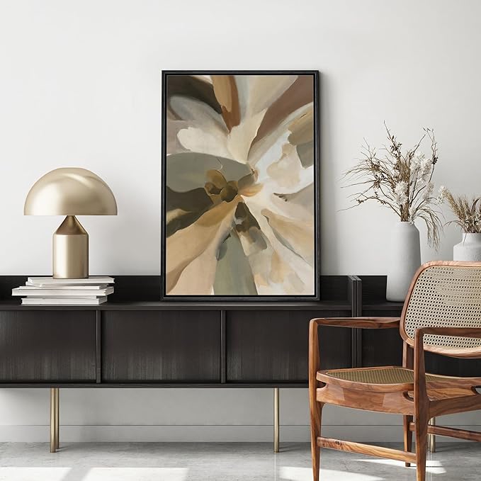 MUDECOR Framed Canvas Print Wall Art Abstract Floral Brushstroke in Warm Neutrals Earthy Tones Illustrations Minimalism Decorative Relax Colorful for Living Room, Bedroom, Office - 24"x36" Black