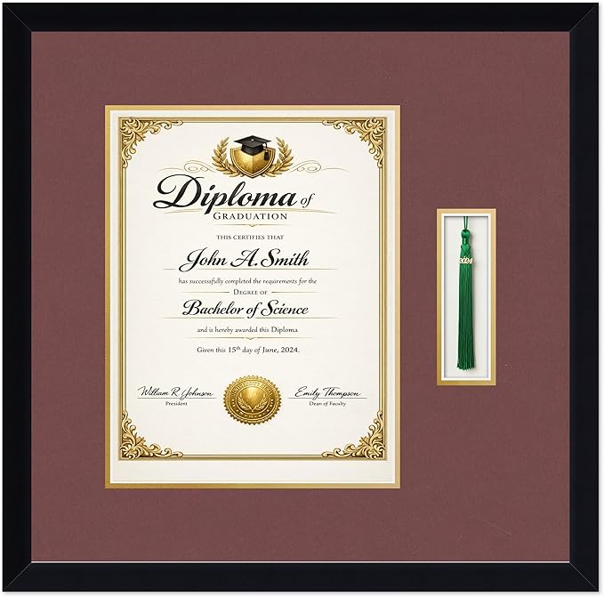 CountryArtHouse Diploma and Tassel Frame Fits 10 x 13 College Diploma (Portrait Traditional) Matte Black Genuine Hardwood Shadowbox with Dark Red Over Metallic Gold Double mat