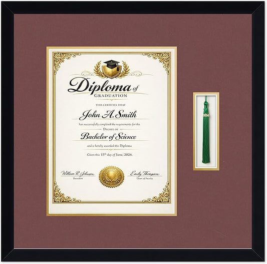 CountryArtHouse Diploma and Tassel Frame Fits 10 x 13 College Diploma (Portrait Traditional) Matte Black Genuine Hardwood Shadowbox with Dark Red Over Metallic Gold Double mat