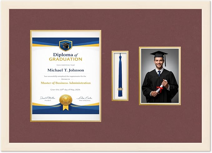 Diploma Tassel and Photo Frame Coastal Whitewash Shadowbox Dark Red Over Gold Mat - Fits 8.5 x 11 Degree Picture Made in the USA