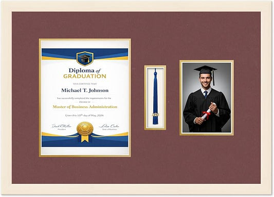 Diploma Tassel and Photo Frame Coastal Whitewash Shadowbox Dark Red Over Gold Mat - Fits 8.5 x 11 Degree Picture Made in the USA