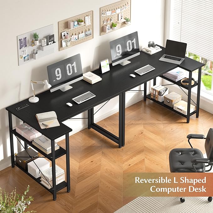 EnHomee 48" L Shaped Desk Office Desk with Power Outlets,Computer Desk with Reversible Storage Shelves & Side Bag,Small Gaming Desk for Gaming Working Small Space Home Office Bedroom,Black