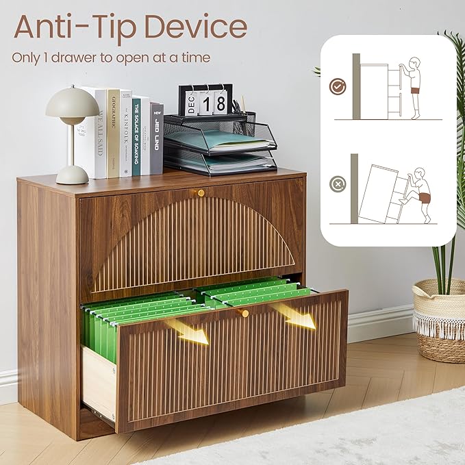 Fluted 2 Drawer Lateral File Cabinet, Office Wood File Cabinet & Printer Cabinet with Adjustable & Removable Hanging Rod for Letter/Legal/A4 (Walnut)