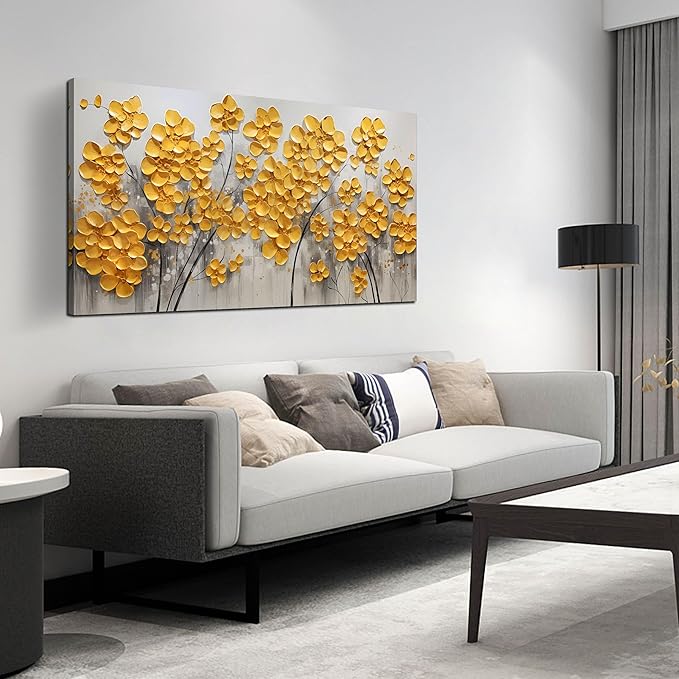 SKYRISE Abstract Gold Yellow Floral/Flower Wall Art Decor for Living Room, Modern Canvas Art Decorative-Picture Print Artwork for Bedroom Office, Size 48x24 Inches