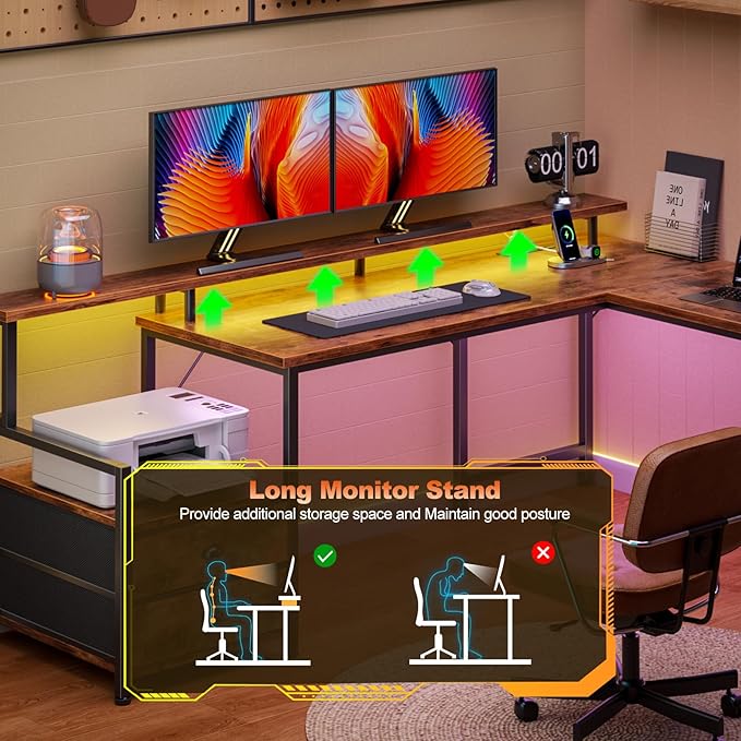 Furologee 66" L Shaped Computer Desk with Power Outlet & LED Lights, Reversible Corner Home Office Desk with 2 Drawers & Storage Shelves for Gaming, Large PC Table with Monitor Stand, Rustic Brown