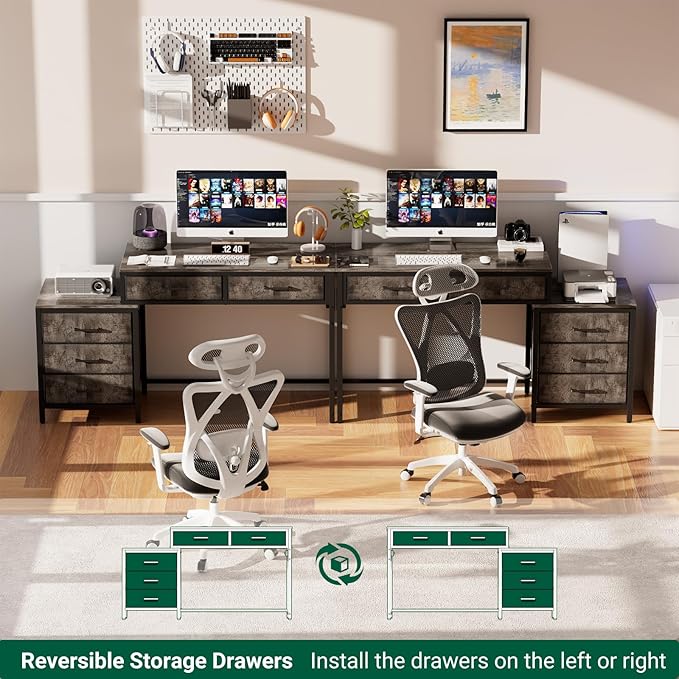 Unikito Computer Desk with 5 Drawers, Reversible Home Office Desk with Power Outlets, Sturdy Writing Desk with File Cabinet and Printer Stand, Vanity Desk with Storage for Small Space, Black Oak