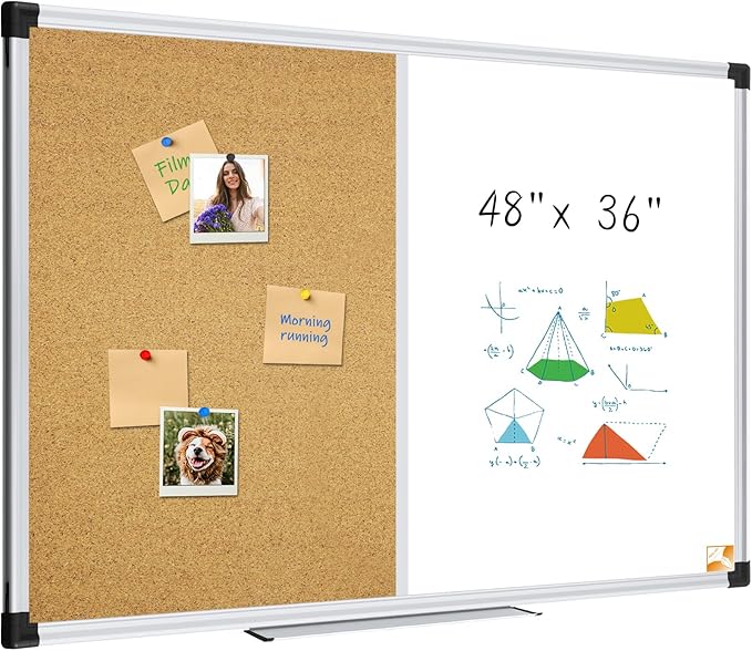 XBoard Large Magnetic White Board and Bulletin Corkboard Combination, 48 x 36 Inch Half Dry Erase & Cork Combo Board for wall with Aluminum Frame, 4' x 3' Notice Memo Board Pin Board Vision Board