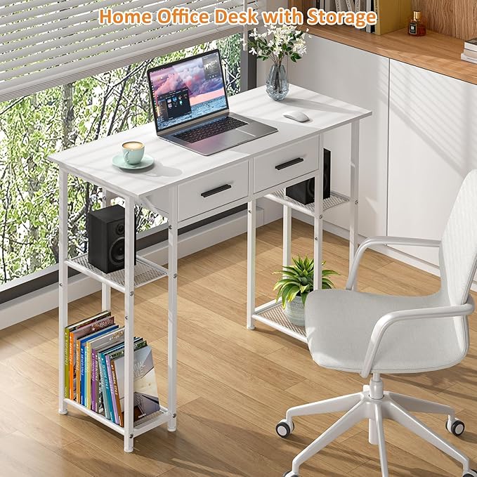 White Computer Desk with Drawers, 37.3 Inch Home Office Work Desk with Storage Shelf, Kids Teens Study Table for Small Space, Small Writing PC Table for Bedroom Makeup Vanity Desk