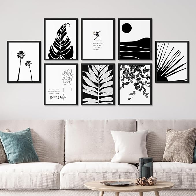 SIGNWIN Framed Poster Bathroom Decor, Wall Art Room Decor Multicolor for Living Room, Bedroom, Office Black White Duotone Tropical Palm Landscape Nature Abstract Shapes - 12"x16"x 8 Black