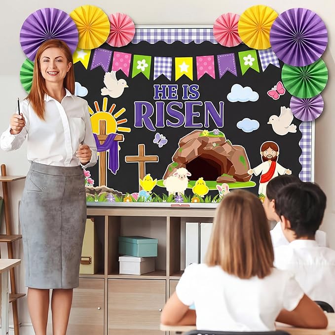 Eersida Easter Bulletin Board Decorations with Paper Fans 3D Christian Easter Classroom Bulletin Board He is Risen Cutouts for School Library Church Blackboard Window Wall Decor