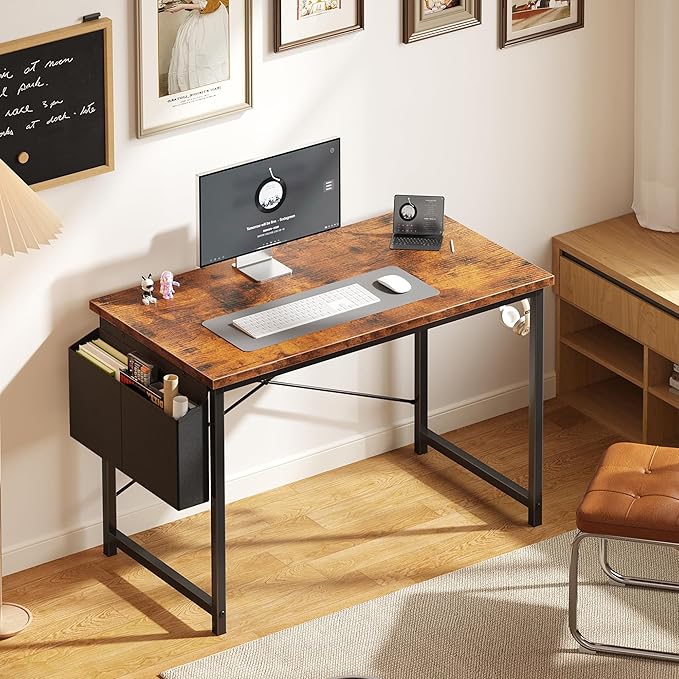 OLIXIS Computer Desk 44 Inch Home Office Desks for Small Spaces, Gaming Writing Study Work Table with Storage Bag and Headphone Hook for Bedroom, Rustic Brown