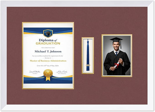 Diploma Tassel and Photo Frame Bright White Shadowbox Dark Red Over Gold Mat - Fits 8.5 x 11 Degree Picture Made in the USA