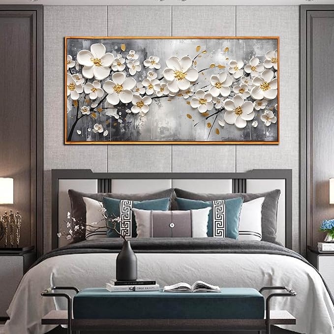 White Flower Art for Walls In Living Room - Office Wall Decor for Women - Wooden Framed Wall Art for Bedroom Size 29" x 59"