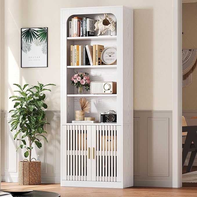 IRONCK Mid-Century Book Shelf, 6-Tier Floor Standing Bookcase with Grille Doors, Tall Storage Shelves for Display & Organizing, Suitable for Home Office, Living Room (White)