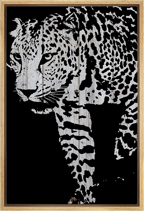 IDEA4WALL Framed Canvas Print Wall Art Grayscale Spotted Leopard on Wood Panels Animals WildLife Illustrations Modern Art Tropical Portrait Dark for Living Room, Bedroom, Office - 24"x36" NATURAL