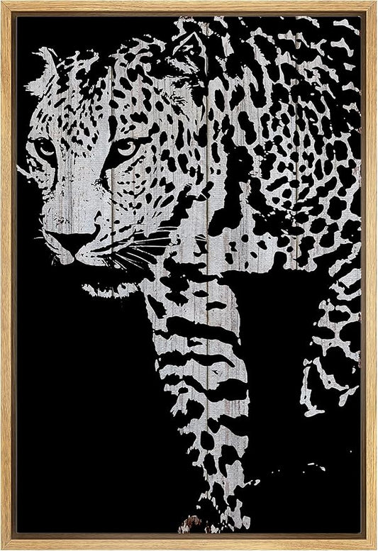 IDEA4WALL Framed Canvas Print Wall Art Grayscale Spotted Leopard on Wood Panels Animals WildLife Illustrations Modern Art Tropical Portrait Dark for Living Room, Bedroom, Office - 24"x36" NATURAL