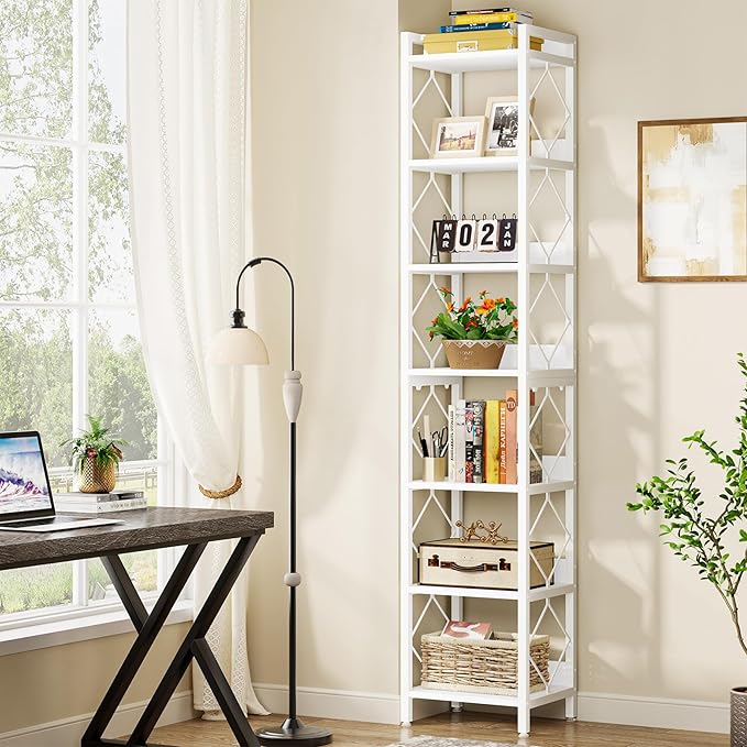 Tribesigns 78.7 Inch Extra Tall Narrow Bookshelf Set of 2, 7 Tier Skinny Bookcase for Small Spaces, Freestanding Display Shelves, Multifunctional Corner Storage Organizer for Home Office, White
