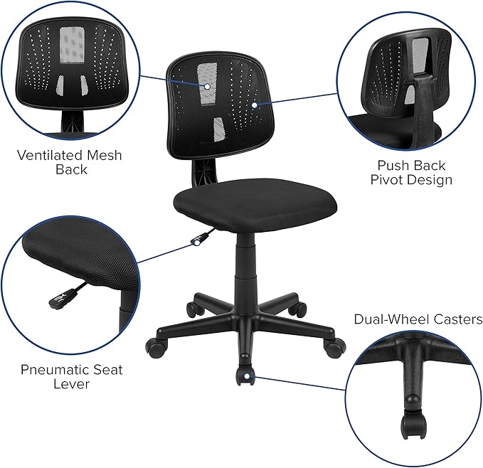 Flash Furniture Flash Fundamentals Mid-Back Swivel Task Office Chair with Pivot Back, Height-Adjustable Ergonomic Mesh Office Desk Chair, Black