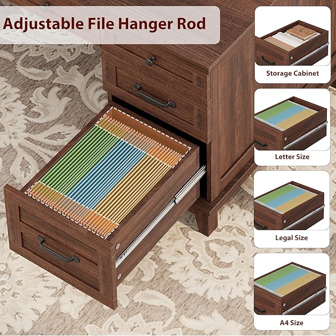 GarveeHome Executive Desk with File Drawers, Farmhouse Home Office Desk with Charging Station, 60 in Wooden Computer Desk with Cabinet Storage for Work Study Writing, Walunt Brown