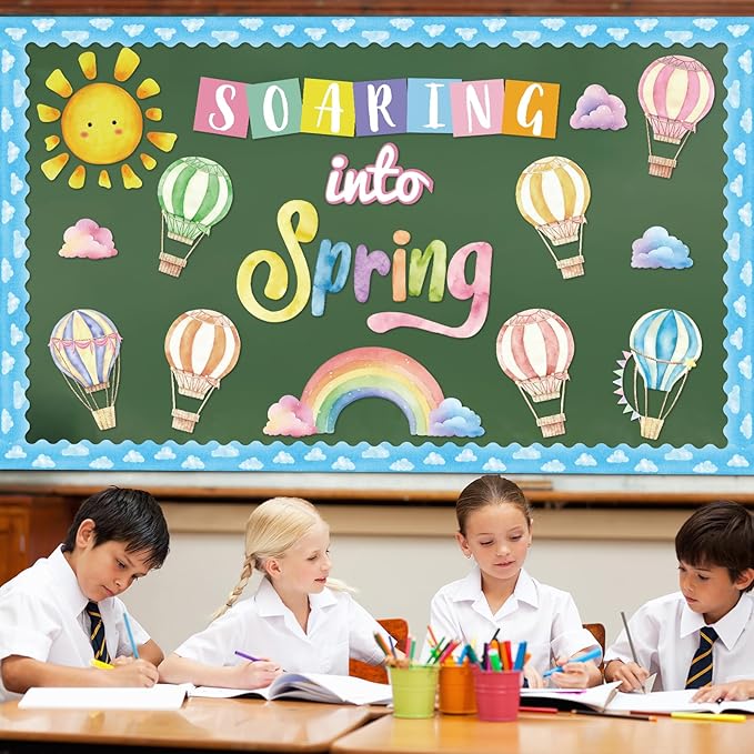 39pcs Spring Bulletin Board Decorations Soaring Into Spring Classroom Bulletin Board Set Hot Air Balloon Rainbow Paper Cutouts for Classroom School Office Home Nursery Chalkboard Door Wall Decor