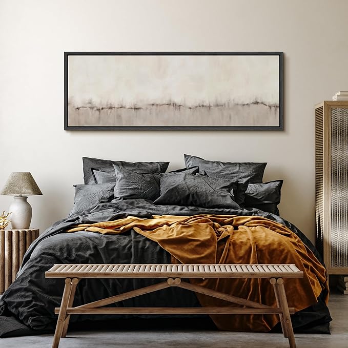 SIGNFORD Large Framed Canvas Minimalist Neutral Soundwave Abstract Illustrations Modern Art Calm Warm for Living Room, Bedroom, Office - 60"x20"