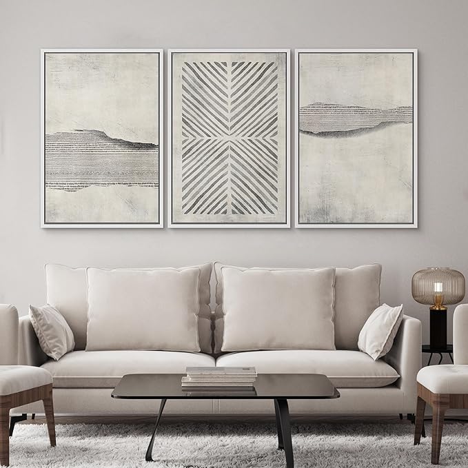 SIGNWIN Framed Canvas Print Wall Art Set Grunge Geometric Line Landscape Abstract Shapes Cozy Neutral Modern Art Decorative Boho Relax/Zen Nordic for Living Room, Bedroom, Office - 16"x24"x3 White