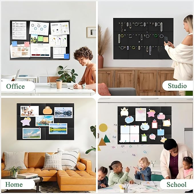 Cork Board for Walls 36" x 24", Black Bulletin Boards, 6 Pack Felt Cork Tiles with Removable Adhesive & 30 Pushpins, Cork Boards for Office, Home, Classroom, Kids Room