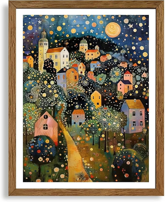 AVECCO Framed Colorful House Village Night Canvas Wall Art, Gustav Klimt Style Moon Stars Tree Wall Decor, Vibrant Starry Landscape Prints for Bathroom Living Room Bedroom Dining Room Office 8x10 in
