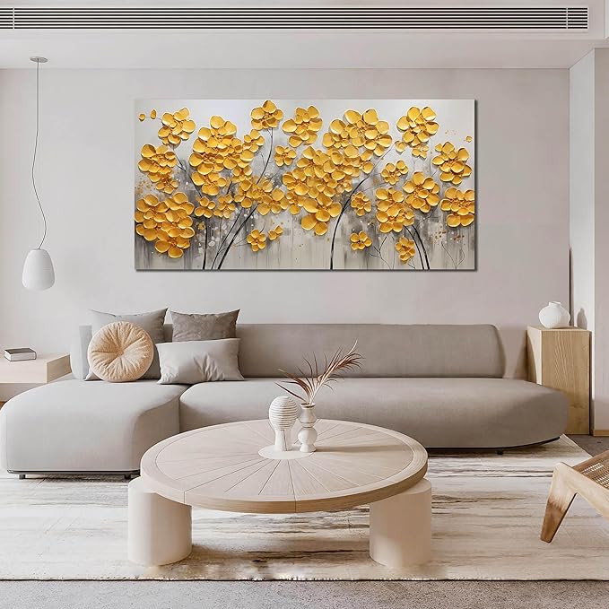SKYRISE Abstract Gold Yellow Floral/Flower Wall Art Decor for Living Room, Modern Canvas Art Decorative-Picture Print Artwork for Bedroom Office, Large Size 59x29 Inches