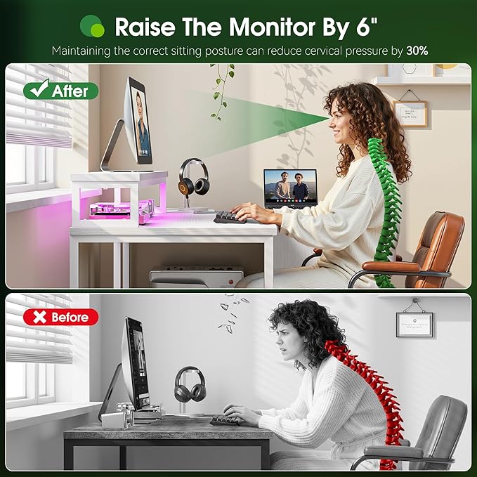 EnHomee L Shaped Gaming Desk with 3 Drawers & Power Outlet, 40Inch White Computer Desk with LED Lights Reversible Office Desk with Monitor Stand for Gaming,Study Room,Home Office,Bedroom,White