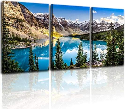 Yxbhhym Canvas Wall Art for Living Room Lake Mountain Wall Art Landscape Picture Blue Sky Forest Print Scenic Nature Painting Wall Decor Bedroom Modern Framed Office Artwork Bathroom Home Décor