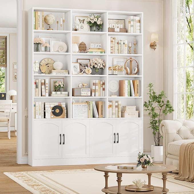 FACBOTALL 82.3" Triple Wide Bookshelf, 7-Tier Tall Bookcase with 15-Cube Open Bookshelf & 4 Doors, Large Bookshelf with Storage Cabinet, Modern Bookshelf for Living Room, Office, Study Room, White