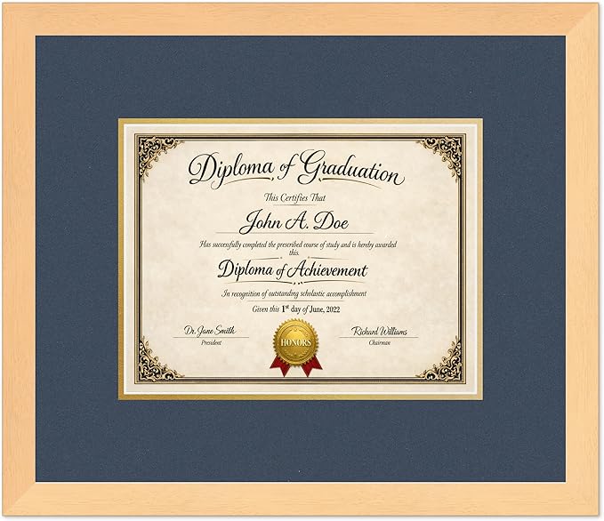 Diploma Frame Natural Wood with Navy Blue Over Gold Double Mat - Fits 11 x 8.5 US Letter Certificate Wall Display Made in the USA