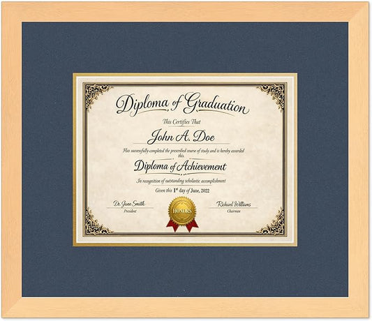 Diploma Frame Natural Wood with Navy Blue Over Gold Double Mat - Fits 11 x 8.5 US Letter Certificate Wall Display Made in the USA