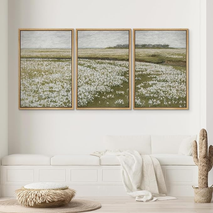SIGNWIN Framed Canvas Print Wall Art Set White Daisy Flower Country Farm Field Nature Abstract Illustrations Fine Art Decorative Nordic Rustic for Living Room, Bedroom, Office - 24"x36"x3 Natural