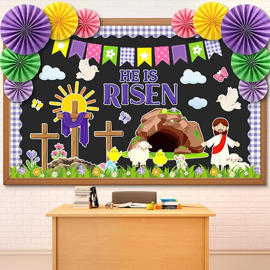 Eersida Easter Bulletin Board Decorations with Paper Fans 3D Christian Easter Classroom Bulletin Board He is Risen Cutouts for School Library Church Blackboard Window Wall Decor