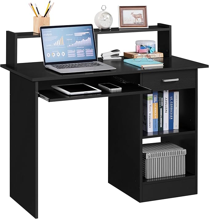 Yaheetech Home Office Wood Computer Desk with Drawers and Pull-Out Keyboard Tray, Study Writing Desk PC Laptop Table with Hutch and Storage Shelves, Modern Workstation, Black