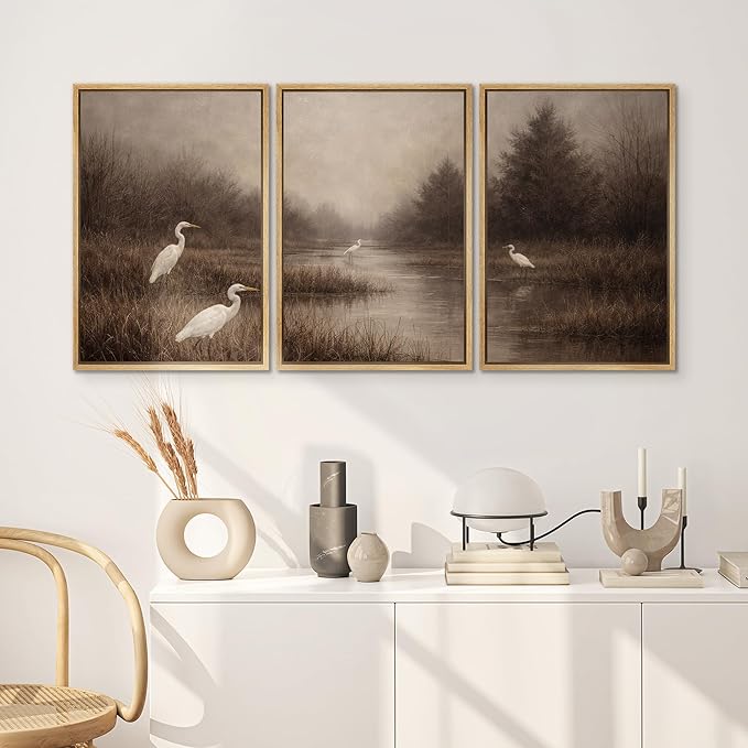 SIGNWIN Framed Canvas Print Wall Art Set Misty Marsh Herons Illustrations Decorative Relax/Calm Zen for Living Room, Bedroom, Office - 16"x24"x3 NATURAL
