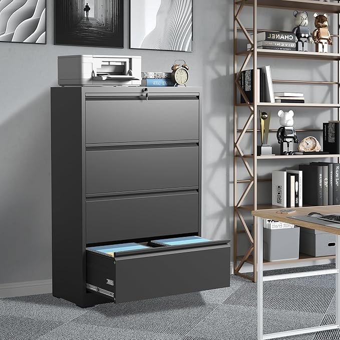 4 Drawer File Cabinets,Metal Office Storage Filing Cabinet with Lock,Black Lateral Filing Cabinet for Home Office,Horizontal Locking File Cabinet for Legal/Letter/A4,Assembly Require,Black