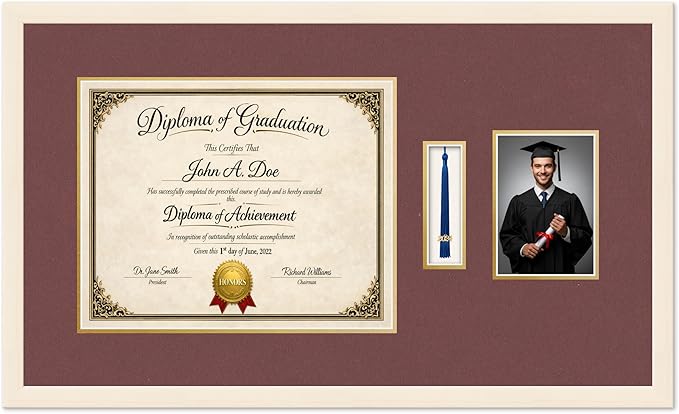 Diploma Tassel and Photo Frame Coastal Whitewash Shadowbox Dark Red Over Gold Mat - Fits 15 x 12 Degree Picture Made in the USA