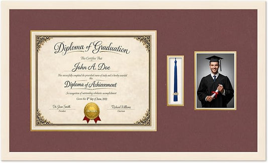 Diploma Tassel and Photo Frame Coastal Whitewash Shadowbox Dark Red Over Gold Mat - Fits 15 x 12 Degree Picture Made in the USA