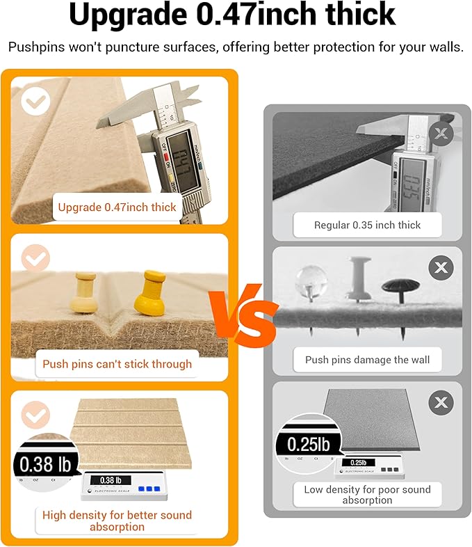 1/2" Thick Cork Board for Office, 6 Pack Felt Wall Tiles -28"x18" with Safe Adhesive Tabs, Large Bulletin Board, Push Pin Board Organizer Wall - Tan