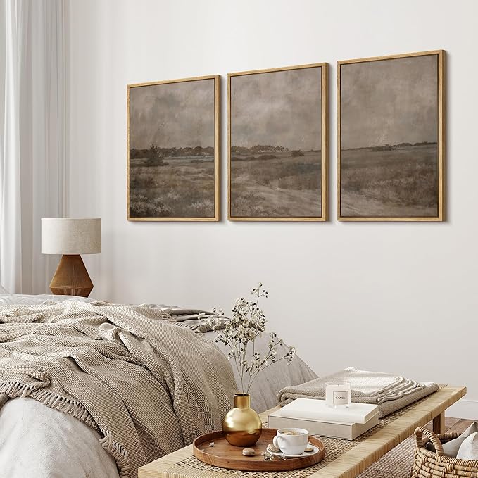 MUDECOR Framed Wall Art Print Set Vintage Neutral Countryside Landscape Rustic Field Path and Distant Trees Illustrations Modern Art Decorative for Living Room, Bedroom, Office - 24"x36"x3 NATURAL