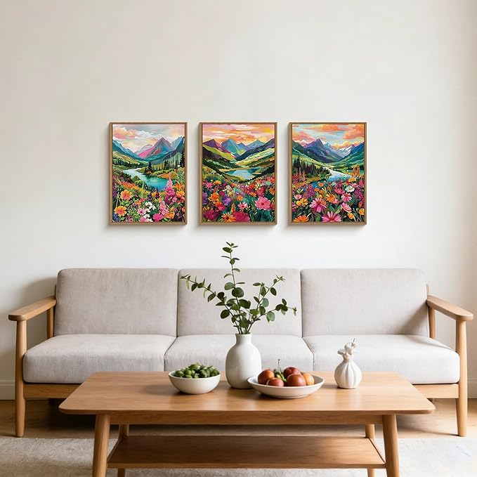 Boho Wildflower Framed Canvas Wall Art,Abstract Mountain Landscape Wall Decor,Colorful Flowers Blossom Painting,Nature Botanical Artwork for Living Room,Bedroom,Office,Farmhouse - 12"x16"x3
