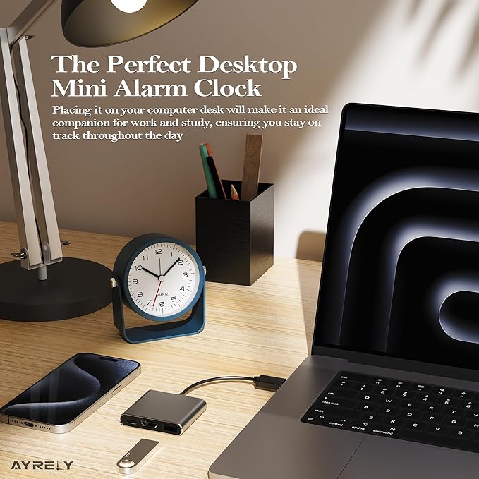AYRELY® 3.5 Inch Small Analog Alarm Clocks,Battery Operated Desk Clock,Cute Table Clock with Light，Adjustable Angle for Travel,Bedside,Bedroom,Kids,Living Room Decor(Navy Blue)