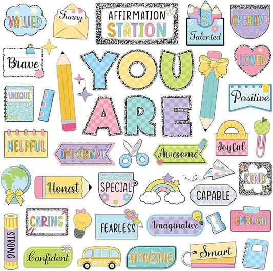 45pcs Colorful Composition Affirmation Station Bulletin Board Set Motivational Posters Classroom Mirror Growth Mindset Decor Positive Affirmations Accents Cutouts for School Office Home Wall